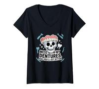 Womens Funny Dentures Skull Cartoon Dentist Joke Gag V-Neck T-Shirt