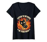 Women's Funny Devil Cat Listen to The Voices in Your Head V-Neck T-Shirt