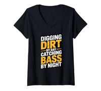 Womens Funny Digging Dirt Catching Bass Heavy Equipment Operator V-Neck T-Shirt