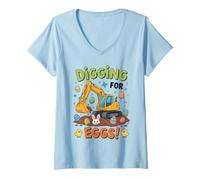 Women's Funny Digging for Eggs Boy Girl Easter Excavator Theme V-Neck T-Shirt