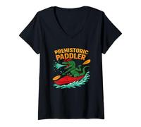 Womens Funny Dinosaur Kayak Adventure Paddling in The River V-Neck T-Shirt