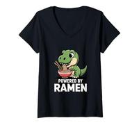 Women's Funny Dinosaur Powered by Ramen Noodle Lover T-Rex V-Neck T-Shirt