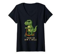 Womens Funny Dinosaur T rex Scooter This Is How I Roll Boys Girls V-Neck T-Shirt