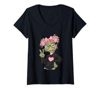 Women's Funny Dinosaur with Glasses Peace Sign Cute Hipster Dino V-Neck T-Shirt