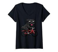 Women's Funny Dog Black Pug On A Bicycle Cycling V-Neck T-Shirt