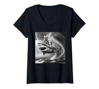 Womens Funny Dog Bulldog Riding a Shark in Tornado Meme V-Neck T-Shirt