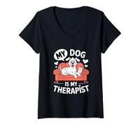 Womens Funny Dog Design ‘My Dog Is My Therapist’ V-Neck T-Shirt