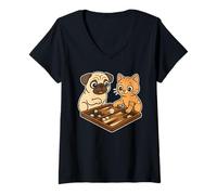 Womens Funny Dog Pug and Cute Cartoon Cat Playing Backgammon V-Neck T-Shirt