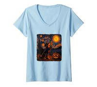 Womens Funny Dog Starry Night Van Gogh Puppy Halloween V-Neck T-Shirt