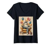 Women's Funny Dolphin Retro Birthday Themed Sitting on Sofa V-Neck T-Shirt