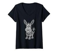 Womens Funny Donkey Abstract Scribble Farm Art Animal Graphic V-Neck T-Shirt