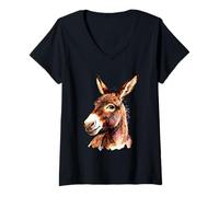 Womens Funny Donkey Head - Smiling Donkey Art Farm Animal Graphic V-Neck T-Shirt