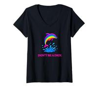 Women's Funny Don't Be A Dick Colorful 90s Dolphin V-Neck T-Shirt