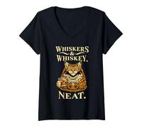 Women's Funny Drinking Cat Whiskers Whiskey Neat Bourbon Drinker V-Neck T-Shirt