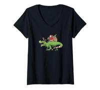 Womens Funny Drinking Santa Claus Riding A T-Rex Dinosaur Reindeer V-Neck T-Shirt