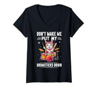 Womens Funny Drummer Cat Drummer Drums Funny Playing Drum V-Neck T-Shirt