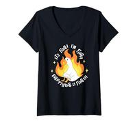 Womens Funny Duck on Fire It's Fine I'm Fine Everything is Fine V-Neck T-Shirt