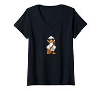 Women's Funny Duck Wearing Sunglasses Playing Sitar V-Neck T-Shirt