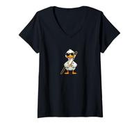 Women's Funny Duck Wearing Sunglasses Playing Trombone V-Neck T-Shirt