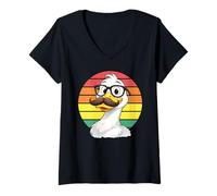 Women's Funny Duck with Mustache & Retro Sunset Art V-Neck T-Shirt