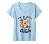 Womens Funny Easily Distracted by Cats Side Quest RPG Gamer V-Neck T-Shirt