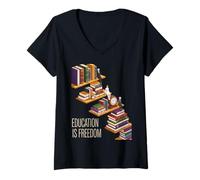 Womens Funny Education is Freedom Saying Book Shelf Power Women Men V-Neck T-Shirt