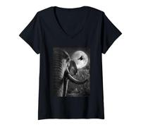 Womens Funny Elephant Selfie Full Moon Flying Witch Halloween Dog V-Neck T-Shirt