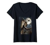 Womens Funny Elephant Selfie Full Moon Flying Witch Halloween Dog V-Neck T-Shirt