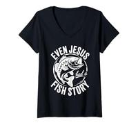 Womens Funny Even Jesus Had a Fish Story Fishing Faith Design V-Neck T-Shirt