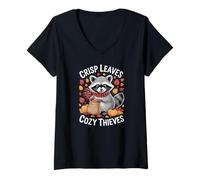 Womens Funny Fall Raccoon Cozy Autumn Animal Autumn Leaves Acorn V-Neck T-Shirt