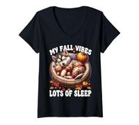 Womens Funny Fall Saying for Husky Dad and Husky Mom Autumn Sleep V-Neck T-Shirt