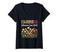 Women's Funny Fastpitch Intensive Care Unit Floral Retro Softball V-Neck T-Shirt