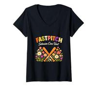 Women's Funny Fastpitch Intensive Care Unit Floral Retro Softball V-Neck T-Shirt