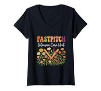 Women's Funny Fastpitch Intensive Care Unit Floral Retro Softball V-Neck T-Shirt