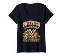 Women's Funny Fastpitch Intensive Care Unit Floral Retro Softball V-Neck T-Shirt