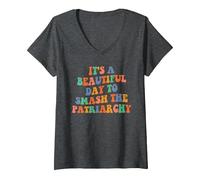 Women's Funny Feminism It's A Beautiful Day to Smash The Patriarchy V-Neck T-Shirt, Dark Heather Grey, XX-Large