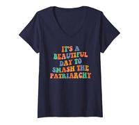 Women's Funny Feminism It's A Beautiful Day to Smash The Patriarchy V-Neck T-Shirt, Navy Blue, X-Large