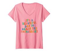 Women's Funny Feminism It's A Beautiful Day to Smash The Patriarchy V-Neck T-Shirt, Pink, Large