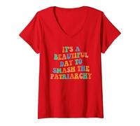 Women's Funny Feminism It's A Beautiful Day to Smash The Patriarchy V-Neck T-Shirt, Red, Small