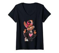 Women's Funny Fennec Fox with Glasses Double Peace Sign Hipster V-Neck T-Shirt