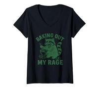Womens Funny Feral Raccoon Baking Out My Rage - Baking V-Neck T-Shirt