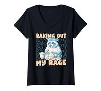 Womens Funny Feral Raccoon Baking Out My Rage - Baking V-Neck T-Shirt