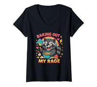 Womens Funny Feral Raccoon Baking Out My Rage - Baking V-Neck T-Shirt
