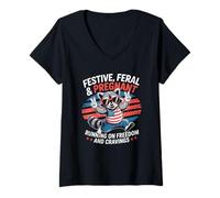 Womens Funny Festive Feral and Pregnant Running On Freedom Raccoon V-Neck T-Shirt