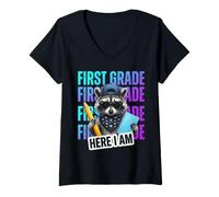 Women's Funny First Grade Feral Raccoon Student Back to School Here V-Neck T-Shirt