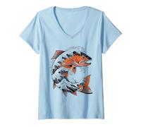 Womens Funny Fishing Great Wave Trout Japanese Vintage Style Angler V-Neck T-Shirt