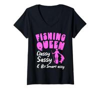 Women's Funny Fishing Queen Lovers Design Classy Sassy V-Neck T-Shirt