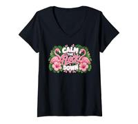 Women's Funny Flamingo Calm The Flock Down Beach Tropical Summer Pun V-Neck T-Shirt