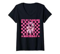 Womens Funny Flamingo Girl Mom Coquette It's My Flocking Birthday V-Neck T-Shirt
