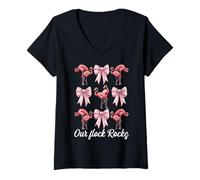 Womens Funny Flamingo Girl Mom Pink Coquette Bow Our Flock Rocks V-Neck T-Shirt